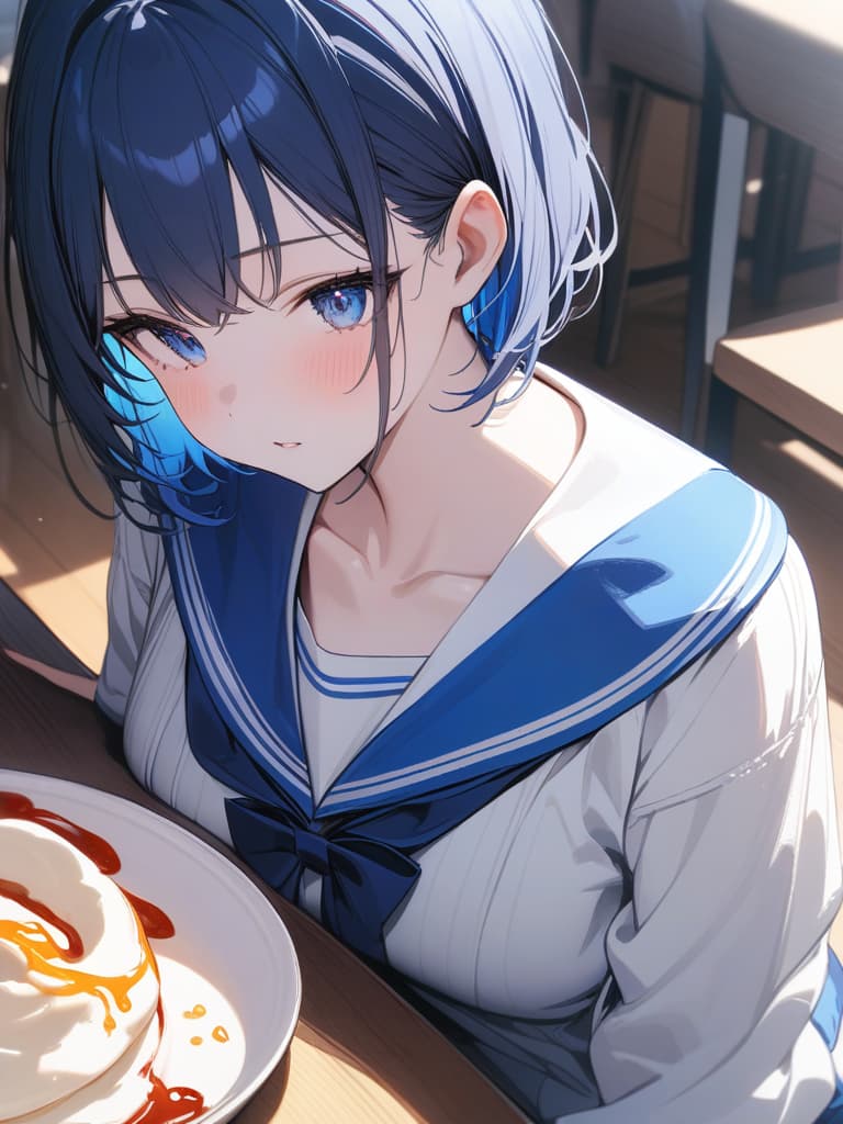  Cute, , blue hair, blue eyes, short bob, thin body, white skin, sauce, , blueberry decoration, cardigan, sailor suit, masterpiece, best quality,8k,ultra detailed,high resolution,an extremely delicate and beautiful,hyper detail