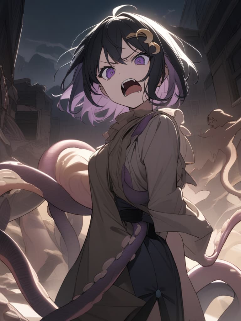  ((Tentacles coming out of the back,beige Tentacles,beige feeler,beige sharp tentacle))1.8,((Anger,screaming,hatred))1.2,murderous intent,mouths open,running,tattered clothes,rubble,collapsed buildings,cool girl,Black hair,(purple eyes),short,cropped hair,crescent moon hair ornament, masterpiece, best quality,8k,ultra detailed,high resolution,an extremely delicate and beautiful,hyper detail