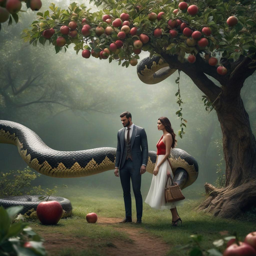  A girl is standing with a guy under an apple tree. But a giant snake is hanging over him. hyperrealistic, full body, detailed clothing, highly detailed, cinematic lighting, stunningly beautiful, intricate, sharp focus, f/1. 8, 85mm, (centered image composition), (professionally color graded), ((bright soft diffused light)), volumetric fog, trending on instagram, trending on tumblr, HDR 4K, 8K