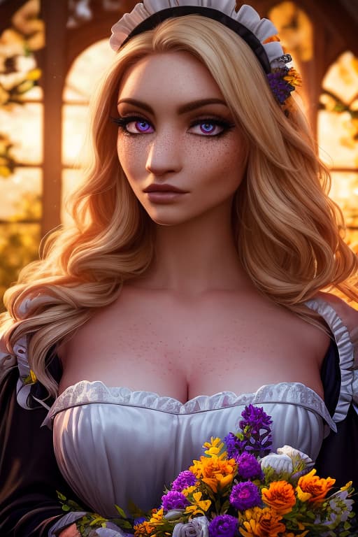  detailed and realistic portrait of a rapunzel maid with a few freckles, long blonde disheveled hairs, multicolor mesmerizing eyes, dark fluffy dress, soft natural lighting, portrait photography, magical photography, dramatic lighting, photo realism, ultra detailed, intimate portrait composition, flowers in background, Leica 50mm, f1. 4 hyperrealistic, full body, detailed clothing, highly detailed, cinematic lighting, stunningly beautiful, intricate, sharp focus, f/1. 8, 85mm, (centered image composition), (professionally color graded), ((bright soft diffused light)), volumetric fog, trending on instagram, trending on tumblr, HDR 4K, 8K