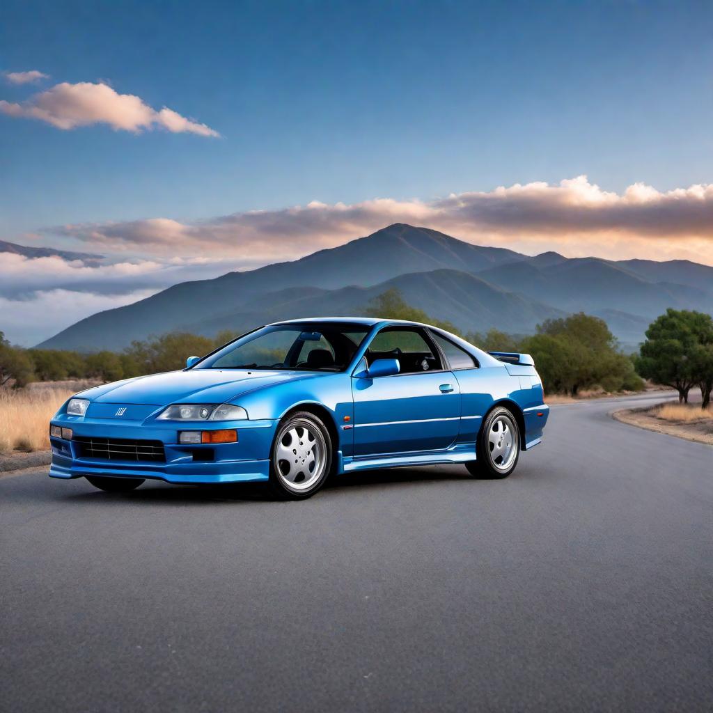  1993 blue Honda Prelude VTEC in pristine blue color with classic design elements from the early 1990s. The car should feature its original VTEC badging and iconic wheels. The setting is an open road with a scenic background, highlighting the car's sleek and sporty design. hyperrealistic, full body, detailed clothing, highly detailed, cinematic lighting, stunningly beautiful, intricate, sharp focus, f/1. 8, 85mm, (centered image composition), (professionally color graded), ((bright soft diffused light)), volumetric fog, trending on instagram, trending on tumblr, HDR 4K, 8K