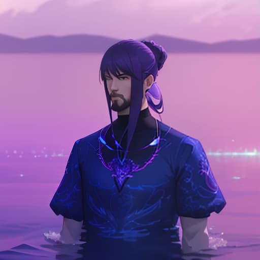  a man standing in front of a body of water, a polaroid photo, purple tint, fractal beard, casey cooke, james jean aesthetic, anime style, comix wave films style, detailed face, detailed eyes, high quality hyperrealistic, full body, detailed clothing, highly detailed, cinematic lighting, stunningly beautiful, intricate, sharp focus, f/1. 8, 85mm, (centered image composition), (professionally color graded), ((bright soft diffused light)), volumetric fog, trending on instagram, trending on tumblr, HDR 4K, 8K