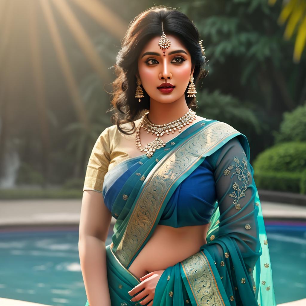  a Chubby indian women in blue saree at green park, clean face details, portrait, hyperrealistic, full body, detailed clothing, highly detailed, cinematic lighting, stunningly beautiful, intricate, sharp focus, f/1. 8, 85mm, (centered image composition), (professionally color graded), ((bright soft diffused light)), volumetric fog, trending on instagram, trending on tumblr, HDR 4K, 8K