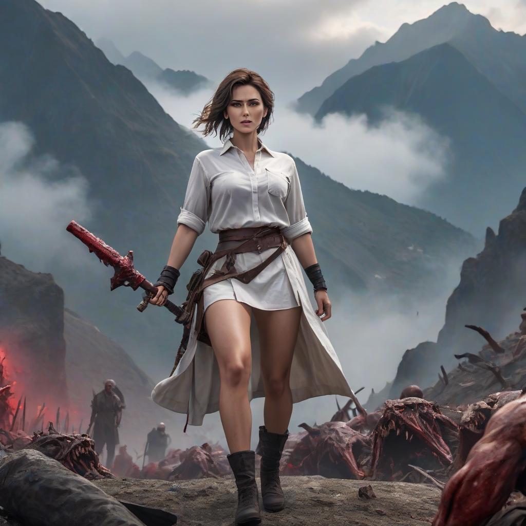  Full length picture. パワー. She is dressed in a white men's shirt with rolled up sleeves, and in her hands is a mace made of blood. She stands on a mountain of corpses of defeated enemies and laughs. hyperrealistic, full body, detailed clothing, highly detailed, cinematic lighting, stunningly beautiful, intricate, sharp focus, f/1. 8, 85mm, (centered image composition), (professionally color graded), ((bright soft diffused light)), volumetric fog, trending on instagram, trending on tumblr, HDR 4K, 8K