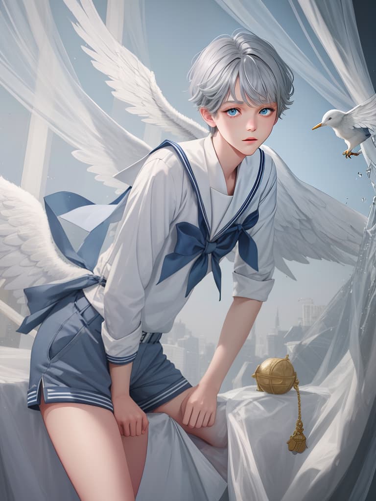  Gray hair, blue eyes, angels, sailor uniforms, boys, cute, short hair, shorts, elementary boys, , face, masterpiece, best quality,8k,ultra detailed,high resolution,an extremely delicate and beautiful,hyper detail