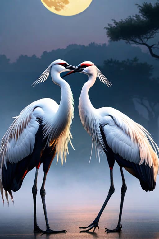  Two crane birds dancing . Moon background hyperrealistic, full body, detailed clothing, highly detailed, cinematic lighting, stunningly beautiful, intricate, sharp focus, f/1. 8, 85mm, (centered image composition), (professionally color graded), ((bright soft diffused light)), volumetric fog, trending on instagram, trending on tumblr, HDR 4K, 8K