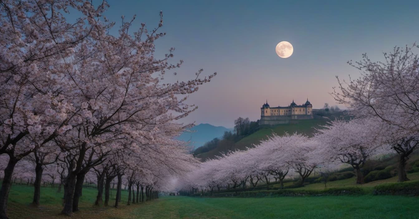  cinematic photo View at night of a European royal palace on a hill in the light of a full moon, cherry blossom orchard at the foot of the hill, cinematography, high detail, 4k . 35mm photograph, film, bokeh, professional, 4k, highly detailed hyperrealistic, full body, detailed clothing, highly detailed, cinematic lighting, stunningly beautiful, intricate, sharp focus, f/1. 8, 85mm, (centered image composition), (professionally color graded), ((bright soft diffused light)), volumetric fog, trending on instagram, trending on tumblr, HDR 4K, 8K