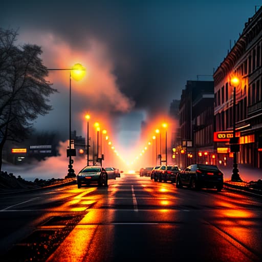  The destruction of a large city shrouded in fog early in the morning. hyperrealistic, full body, detailed clothing, highly detailed, cinematic lighting, stunningly beautiful, intricate, sharp focus, f/1. 8, 85mm, (centered image composition), (professionally color graded), ((bright soft diffused light)), volumetric fog, trending on instagram, trending on tumblr, HDR 4K, 8K