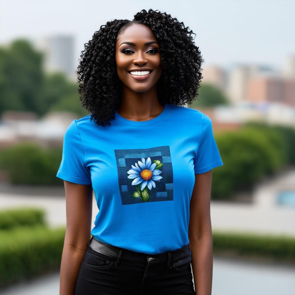  half body portrait black curly happy woman wearing blue t shirt with squared floral pattern on t shirt, Blurred city Background high quality, detailed intricate insanely detailed, flattering light, RAW photo, photography, photorealistic, ultra detailed, depth of field, 8k resolution , detailed background, f1.4, sharpened focus hyperrealistic, full body, detailed clothing, highly detailed, cinematic lighting, stunningly beautiful, intricate, sharp focus, f/1. 8, 85mm, (centered image composition), (professionally color graded), ((bright soft diffused light)), volumetric fog, trending on instagram, trending on tumblr, HDR 4K, 8K