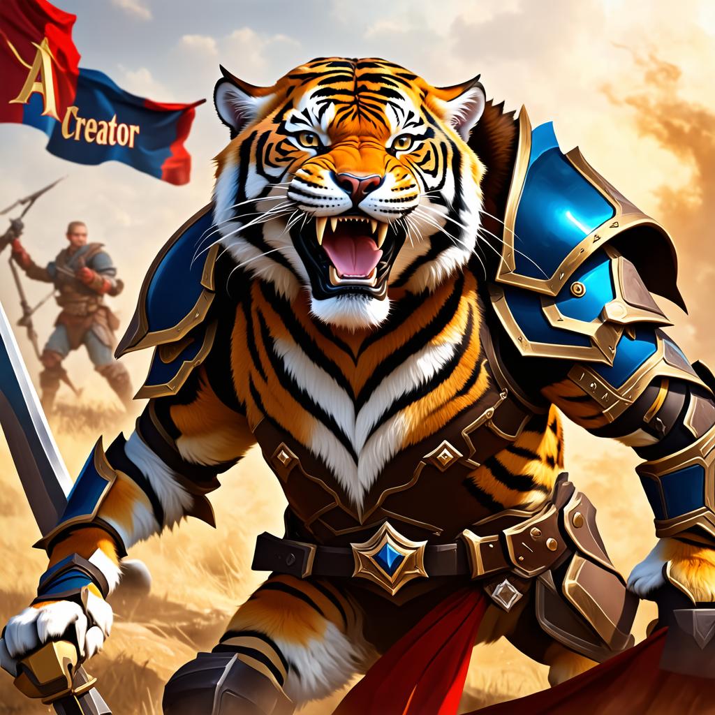  masterpiece, best quality, Digital art, portrait of an anthropomorphic roaring Tiger warrior with full armor, close up in the middle of a battle, behind him there is a banner with the text "AI Creator".