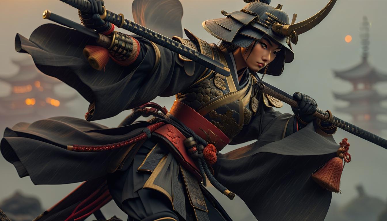  samurai, bells, sunset hyperrealistic, full body, detailed clothing, highly detailed, cinematic lighting, stunningly beautiful, intricate, sharp focus, f/1. 8, 85mm, (centered image composition), (professionally color graded), ((bright soft diffused light)), volumetric fog, trending on instagram, trending on tumblr, HDR 4K, 8K