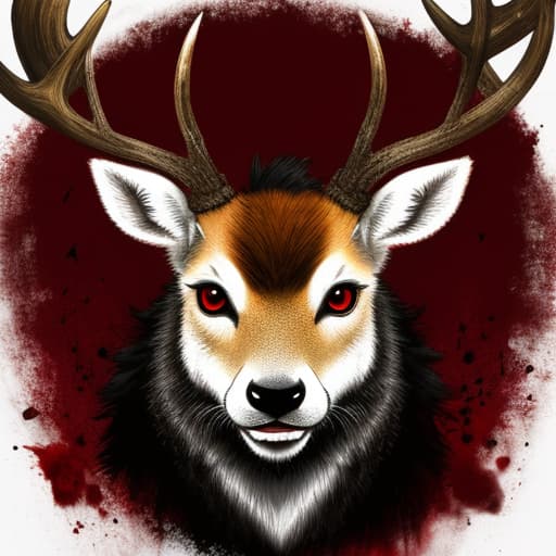  Deer, vicious, scary face, blood everywhere, specter.