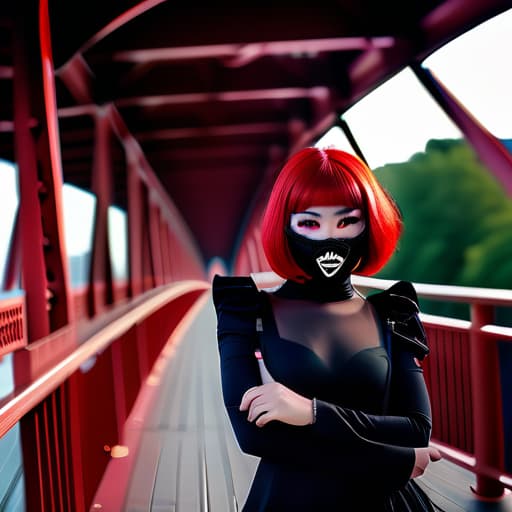  RAW photo, portrait, posing 1girl, exquisite black clothes, (full face mask:1.2), red wig, (bridge:1.2), MasqueradeFashion style <lora:MasqueradeFashion:0.7>, 8k uhd, dslr, soft lighting, high quality, film grain, Fujifilm XT3, (intricate details:0.9), (hdr, hyperdetailed:1.2)