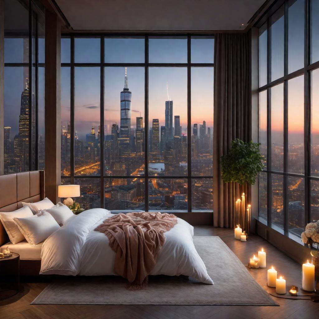  A cozy bedroom scene with a view of a city skyline at night through large windows. The bed has a ruffled duvet, looking soft and comfortable. There are candles placed on the floor, creating a warm and romantic atmosphere. The city buildings outside are glowing, suggesting an urban environment, adding to the peaceful setting for relaxation or sleep. hyperrealistic, full body, detailed clothing, highly detailed, cinematic lighting, stunningly beautiful, intricate, sharp focus, f/1. 8, 85mm, (centered image composition), (professionally color graded), ((bright soft diffused light)), volumetric fog, trending on instagram, trending on tumblr, HDR 4K, 8K