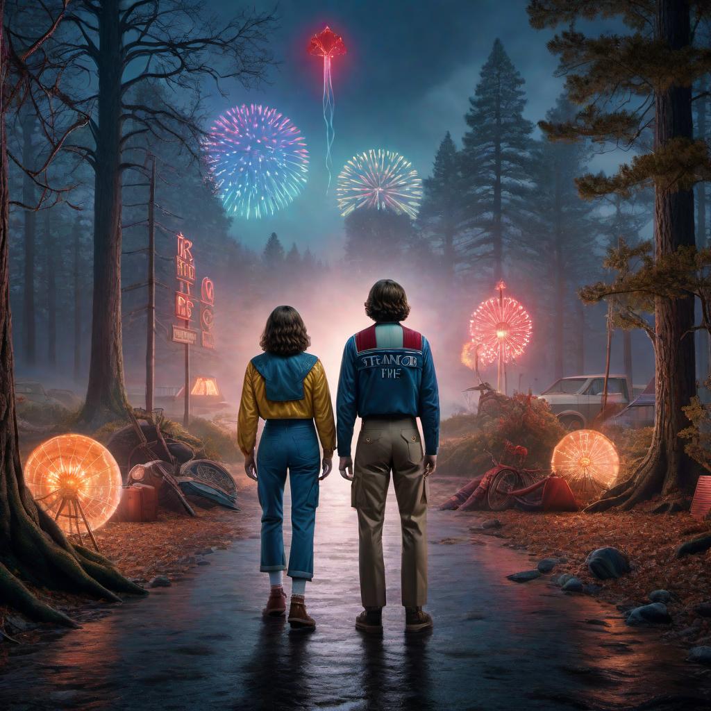  A single drawing that combines elements from all four seasons of Stranger Things. The image should feature iconic moments and characters from each season, blending them into one cohesive scene. Include Eleven using her powers, the Demogorgon, the Mind Flayer, the Byers' Christmas lights, the Starcourt Mall, and the Upside Down. Make the scene dynamic and atmospheric, reflecting the supernatural and adventurous tone of the show. hyperrealistic, full body, detailed clothing, highly detailed, cinematic lighting, stunningly beautiful, intricate, sharp focus, f/1. 8, 85mm, (centered image composition), (professionally color graded), ((bright soft diffused light)), volumetric fog, trending on instagram, trending on tumblr, HDR 4K, 8K