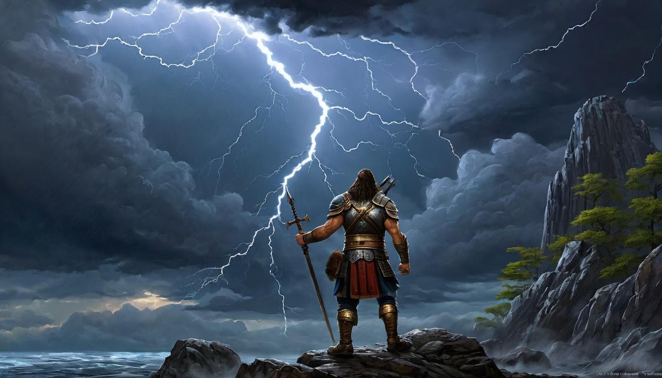  digital painting of Nimrod standing defiantly, arms raised toward stormy sky, bolts of lightning, colossal figure, intimidating, rebellious looking at viewer, dynamic pose, (intricate details, masterpiece, best quality)