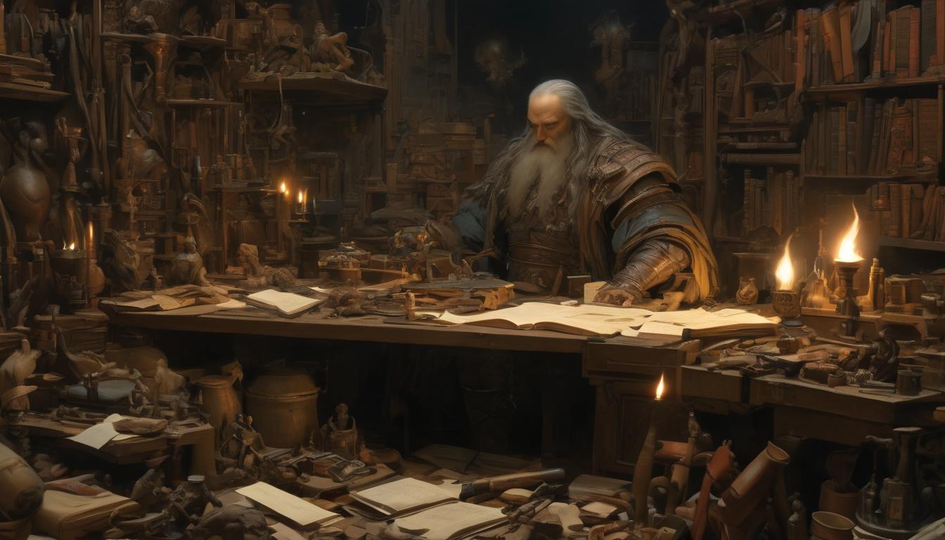  hyperrealism,fantasy aestheticA contemplative Leonardo da Vinci, seated at a cluttered desk, surrounded by tools, inventions, and manuscripts, candlelit ambiance, intellectual, studious, high tech clothing clad in sleek, futuristic costume with metallic accents and form fitting designs, marvel superhero comics style, unreal engine rendering