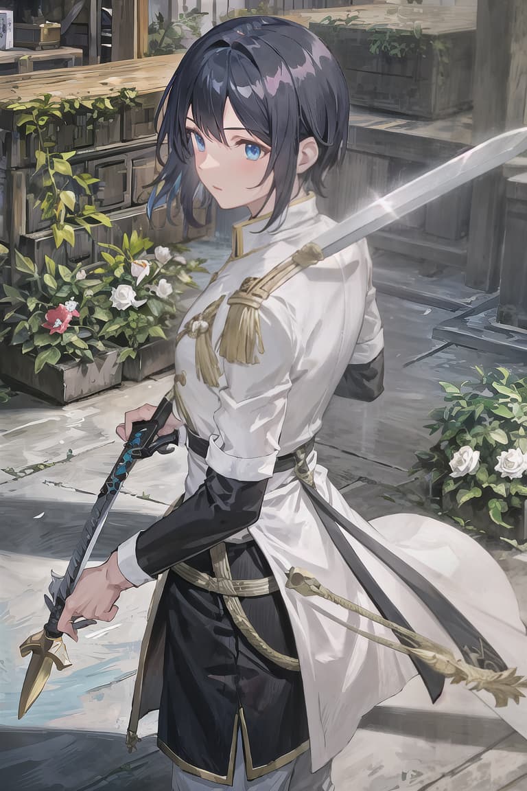  master piece , best quality,Male, light blue eyes, black hair all back, soldier, sword user, camellia flower