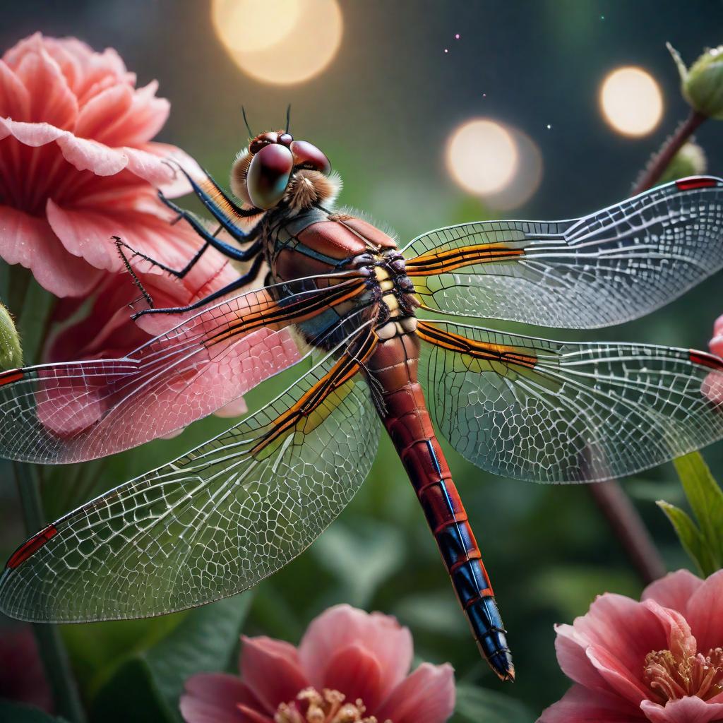  Create an image of a dragonfly in a mystical garden with vibrant flowers and sparkling fairy lights. hyperrealistic, full body, detailed clothing, highly detailed, cinematic lighting, stunningly beautiful, intricate, sharp focus, f/1. 8, 85mm, (centered image composition), (professionally color graded), ((bright soft diffused light)), volumetric fog, trending on instagram, trending on tumblr, HDR 4K, 8K