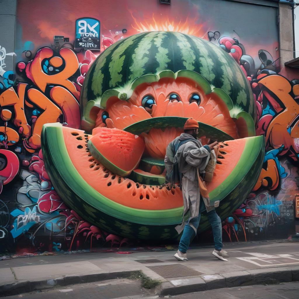  graffiti style crazy melon . street art, vibrant, urban, detailed, tag, mural hyperrealistic, full body, detailed clothing, highly detailed, cinematic lighting, stunningly beautiful, intricate, sharp focus, f/1. 8, 85mm, (centered image composition), (professionally color graded), ((bright soft diffused light)), volumetric fog, trending on instagram, trending on tumblr, HDR 4K, 8K