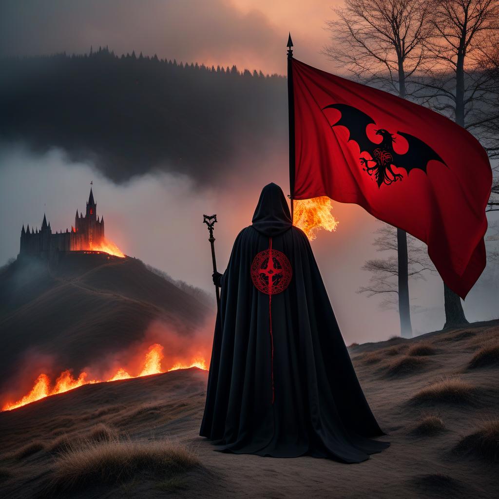  macabre style A group of people in cloaks and capes with burning red eyes holding a flag on a hill. . dark, gothic, grim, haunting, highly detailed hyperrealistic, full body, detailed clothing, highly detailed, cinematic lighting, stunningly beautiful, intricate, sharp focus, f/1. 8, 85mm, (centered image composition), (professionally color graded), ((bright soft diffused light)), volumetric fog, trending on instagram, trending on tumblr, HDR 4K, 8K