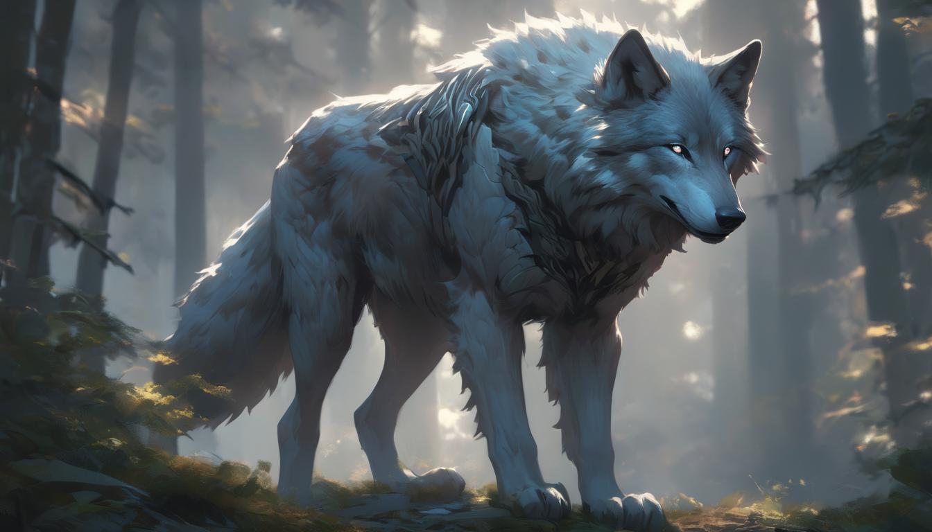  hyperrealism,fantasy aestheticA solitary wolf pausing at the edge of a forest, eyes looking forward, dawn breaking in the background with soft hues, inspiration, beginnings, high tech clothing clad in sleek, futuristic costume with metallic accents and form fitting designs, marvel superhero comics style, unreal engine rendering