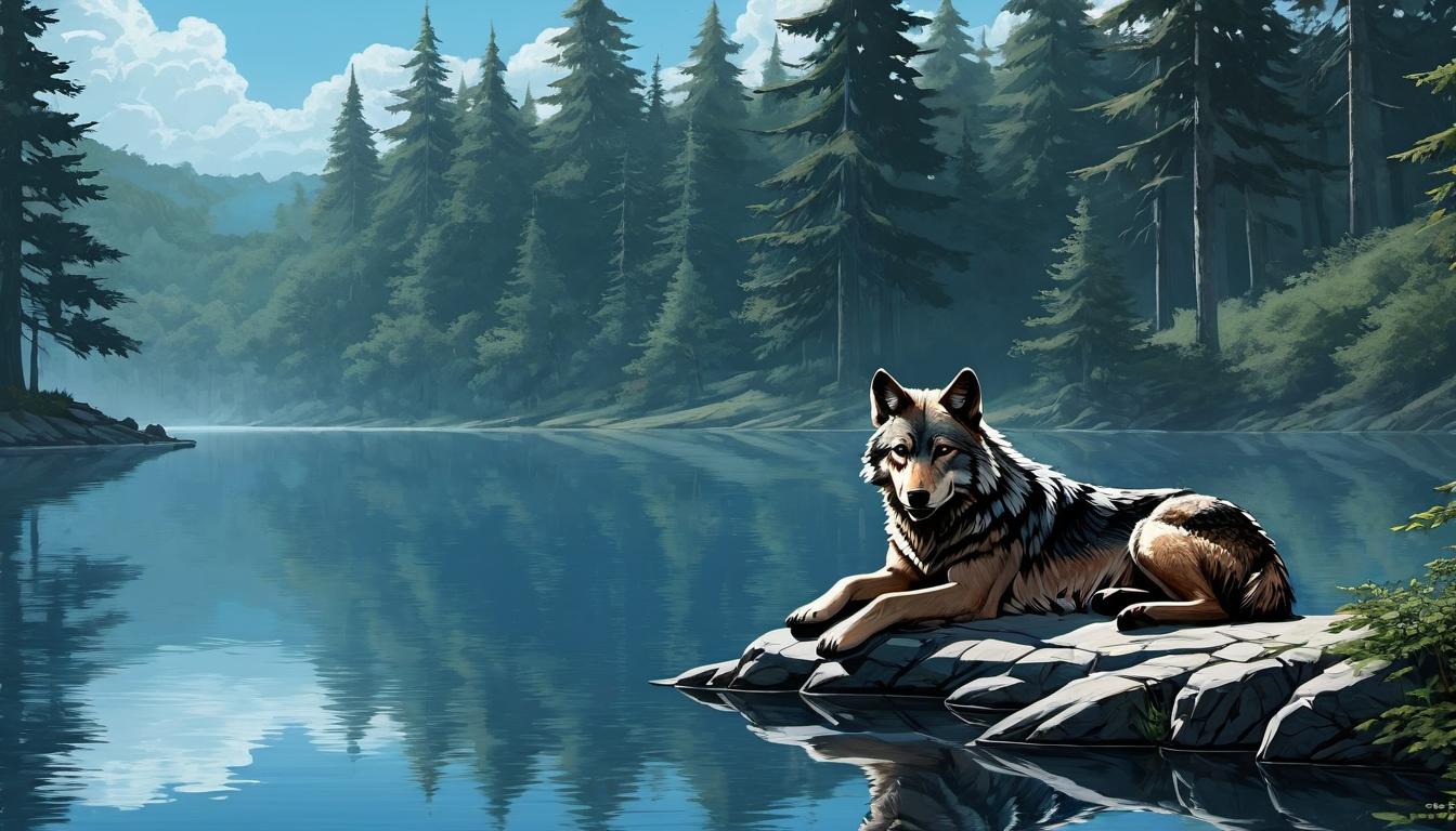  （surrealism)A wolf resting peacefully by a serene lake, reflection in the water clear, background of tall trees and a clear sky, tranquility, determination mystic, intricate details, best quality)