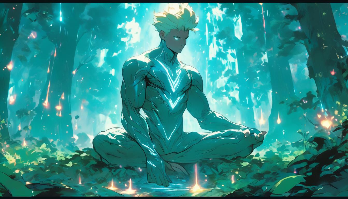  hyperrealism,fantasy aesthetic1man, attractive blonde male humanoid, meditating in a mystical forest, surrounded by ethereal light and shimmering particles, high tech clothing clad in sleek, futuristic costume with metallic accents and form fitting designs, marvel superhero comics style, unreal engine rendering