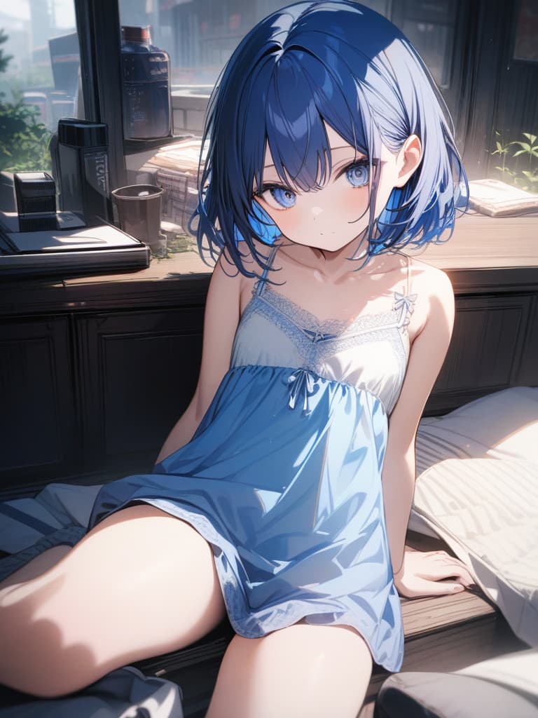  Cute, delicate, blue hair, blue eyes, blueberry, bob hair, young face, camisole, short hair, big eyes, whole body, masterpiece, best quality,8k,ultra detailed,high resolution,an extremely delicate and beautiful,hyper detail