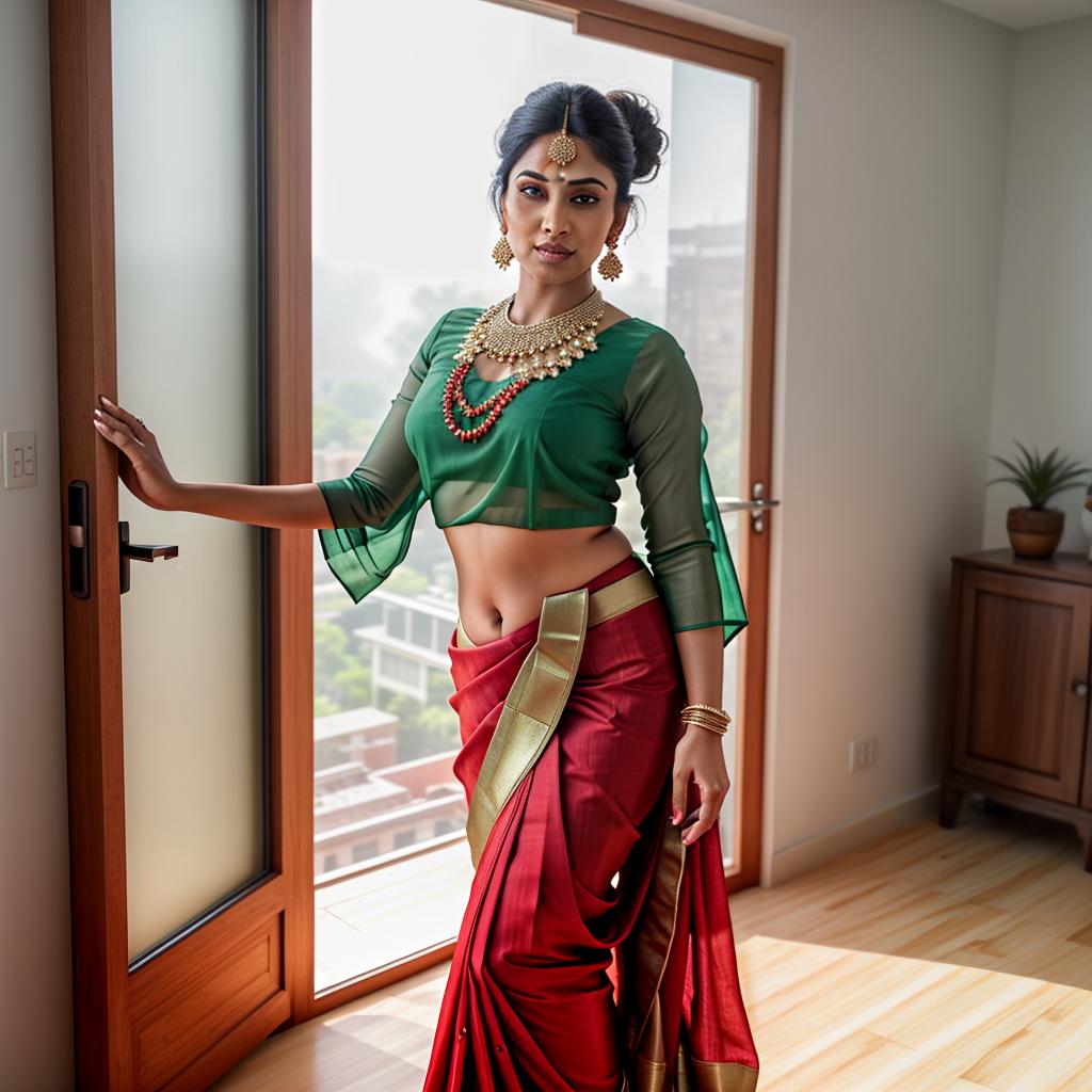 The image shows an Indian woman standing in a room. She is wearing a green blouse and a red and white sari. The sari is wrapped around her waist and pulled up to her chest, exposing her midriff. She is also wearing a necklace and earrings. The woman has a large bindi on her forehead and her hair is tied back in a bun. She is standing barefoot on the floor. In the background, there is a wall with a window and a door. Reset conversation: /reset hyperrealistic, full body, detailed clothing, highly detailed, cinematic lighting, stunningly beautiful, intricate, sharp focus, f/1. 8, 85mm, (centered image composition), (professionally color graded), ((bright soft diffused light)), volumetric fog, trending on instagram, trending on tumblr, HDR 4K, 8K