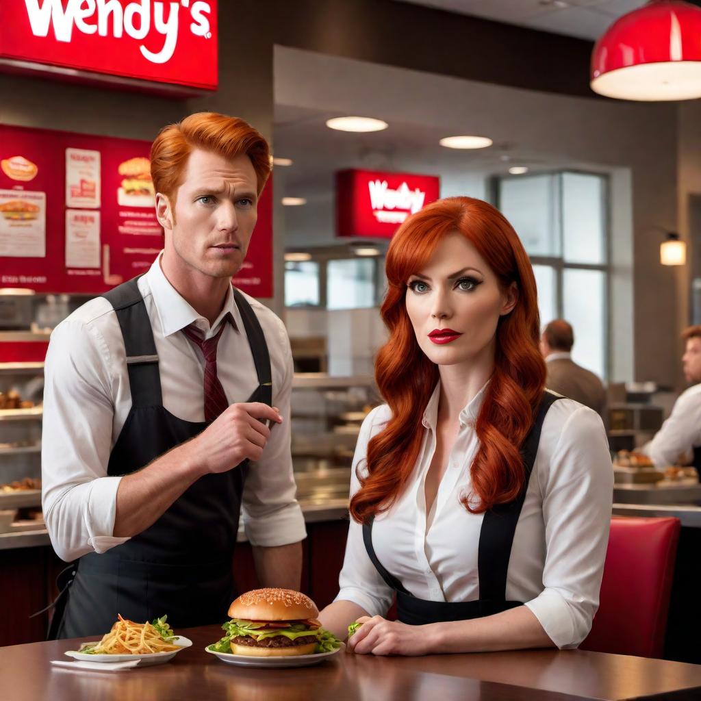  A dramatic scene at Wendy's where an employee is getting scolded intensely by his boss, a female redhead. The scene should show the employee looking distressed and the boss looking very angry and assertive. The background should depict a typical Wendy's restaurant setting with the logo visible. hyperrealistic, full body, detailed clothing, highly detailed, cinematic lighting, stunningly beautiful, intricate, sharp focus, f/1. 8, 85mm, (centered image composition), (professionally color graded), ((bright soft diffused light)), volumetric fog, trending on instagram, trending on tumblr, HDR 4K, 8K