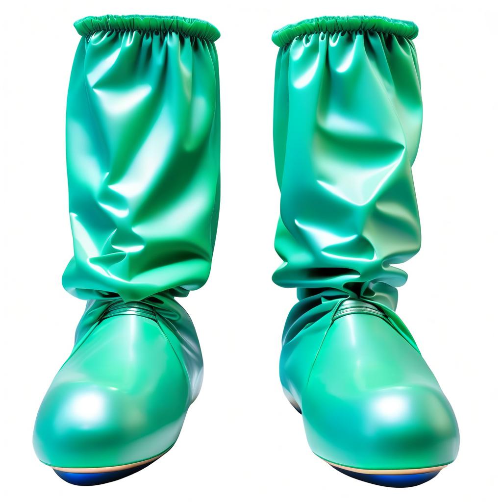  On legs, trousers, filled, smooth without pleats, high surgical bahi bags as shoes, with flat soles, without heels, with upper elastic cuffs, made of glossy latex, the lower part, (from sole to ankle:1.2), (dark green:1.3), the upper part, (from ankle to knee:1.2), (dark blue:1.3) hyperrealistic, full body, detailed clothing, highly detailed, cinematic lighting, stunningly beautiful, intricate, sharp focus, f/1. 8, 85mm, (centered image composition), (professionally color graded), ((bright soft diffused light)), volumetric fog, trending on instagram, trending on tumblr, HDR 4K, 8K