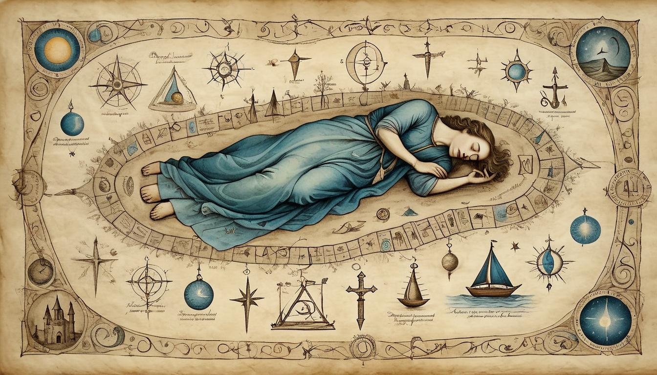  on parchment, surrealism+++, A person asleep with dream symbols around, pathways leading to various directions, sense of discovery, enlightenment, directed(mysterious, provocative, symbolic,muted color)+++