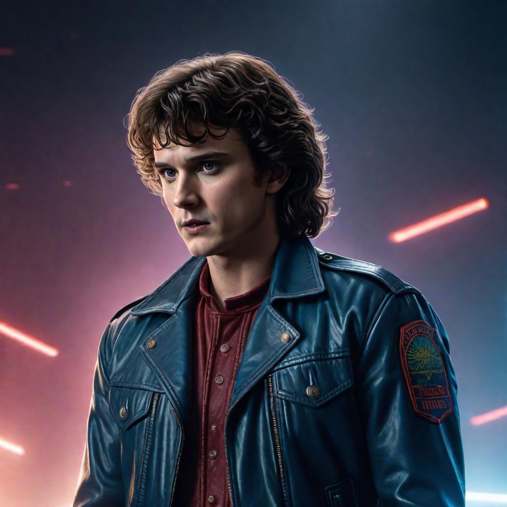  A detailed drawing of Billy from Stranger Things. He should have his recognizable mullet hairstyle, leather jacket, and intense expression. The background should feel dynamic and capture the 80s vibe of the show. hyperrealistic, full body, detailed clothing, highly detailed, cinematic lighting, stunningly beautiful, intricate, sharp focus, f/1. 8, 85mm, (centered image composition), (professionally color graded), ((bright soft diffused light)), volumetric fog, trending on instagram, trending on tumblr, HDR 4K, 8K