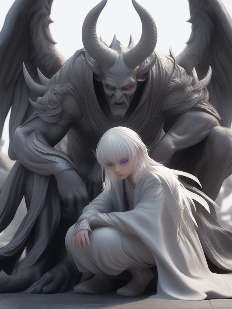  The crouched devil, black horns, white hair, male, demon, and reaching hands, gray hair, purple eyes, angels, angels, women, women, women, masterpiece, best quality,8k,ultra detailed,high resolution,an extremely delicate and beautiful,hyper detail