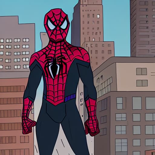  black costume spider-man perched on a building in new york drawn in the style of steven universe