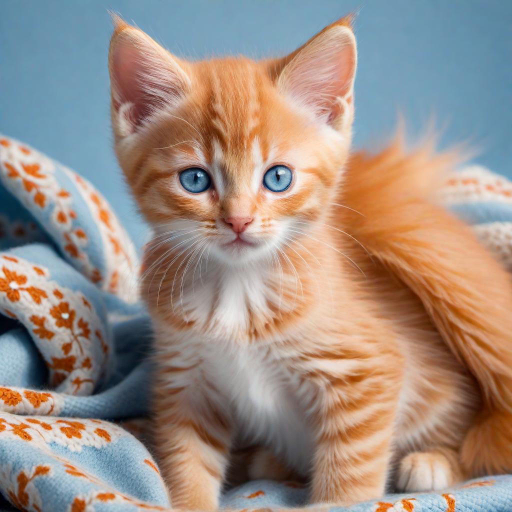  an image of a cute orange kitten with bright blue eyes, sitting on a cozy blanket, with a playful and curious expression hyperrealistic, full body, detailed clothing, highly detailed, cinematic lighting, stunningly beautiful, intricate, sharp focus, f/1. 8, 85mm, (centered image composition), (professionally color graded), ((bright soft diffused light)), volumetric fog, trending on instagram, trending on tumblr, HDR 4K, 8K