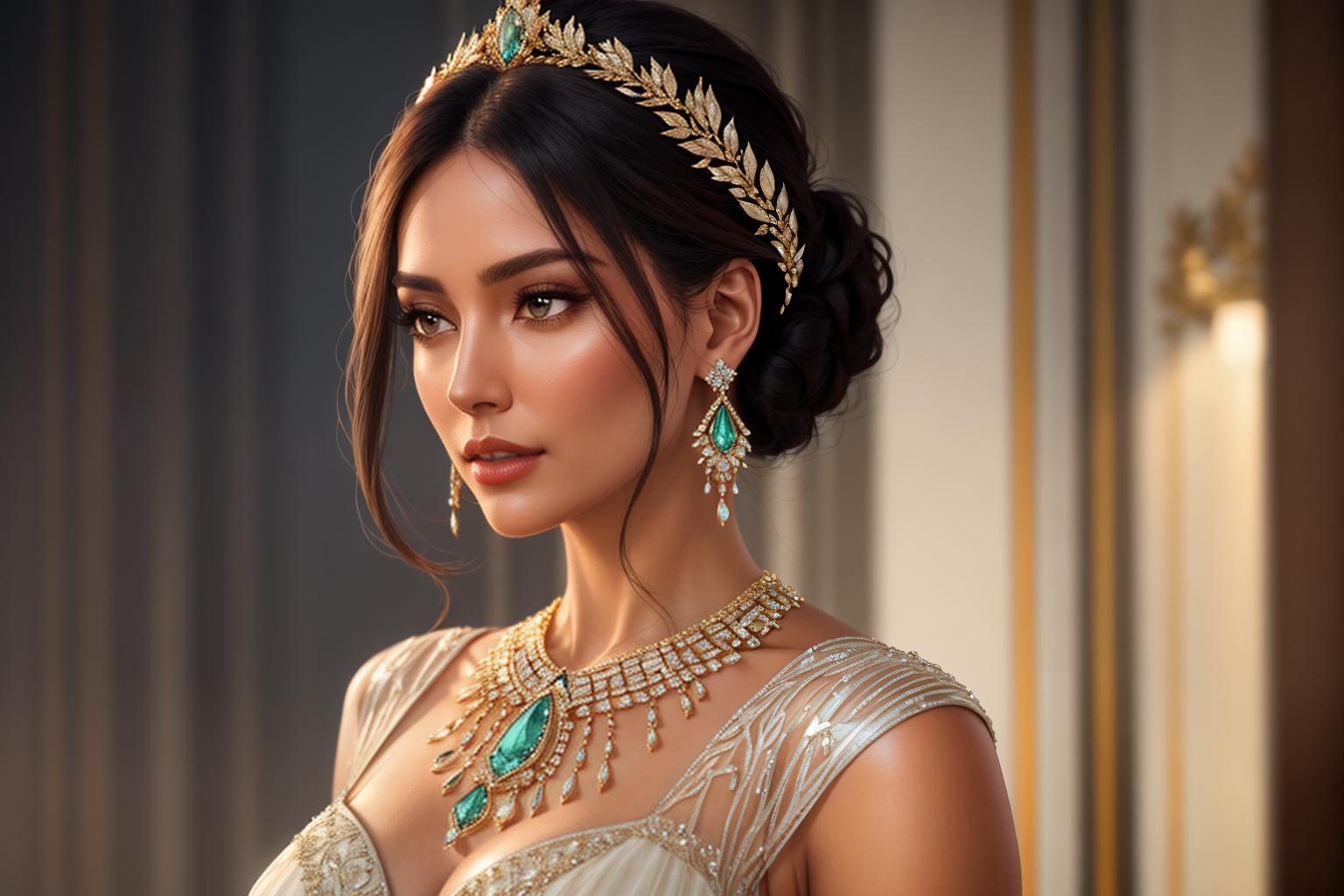  "Closeup of an elegant woman's neck and shoulders adorned with sparkling, high quality jewelry. The focus is on a stunning necklace and matching earrings, featuring intricate designs with diamonds and gemstones. The background is a soft, blurred gradient of warm tones, ensuring the jewelry stands out. The lighting is soft and flattering, highlighting the brilliance and details of the jewelry. The overall mood is luxurious and sophisticated, with a realistic and high definition quality that captures every fine detail. The style is modern and chic, perfect for a high end clearance sale advertisement."Ensure no face,leg,hand or eye defomities.Ensure all images are clear, detailed, contains no text and no deformities. realistic, highly detailed hyperrealistic, full body, detailed clothing, highly detailed, cinematic lighting, stunningly beautiful, intricate, sharp focus, f/1. 8, 85mm, (centered image composition), (professionally color graded), ((bright soft diffused light)), volumetric fog, trending on instagram, trending on tumblr, HDR 4K, 8K