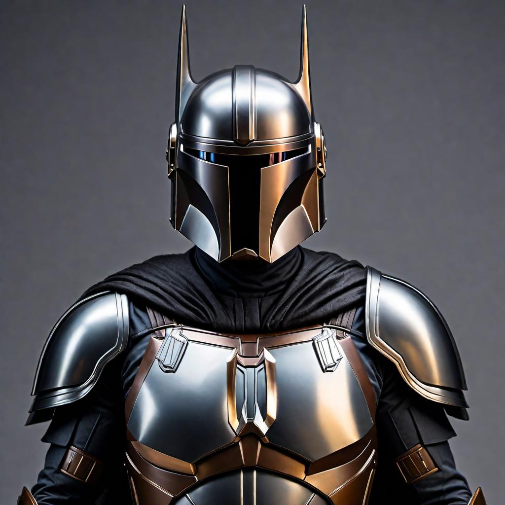  A combination of Mandalorian armor and a Batman style suit, with the armor chrome in color. The image should show a sleek, futuristic fusion of the two iconic designs, featuring the Mandalorian helmet with a Batman cowl-like modification, a cape billowing behind, and chrome plating that reflects light brilliantly. hyperrealistic, full body, detailed clothing, highly detailed, cinematic lighting, stunningly beautiful, intricate, sharp focus, f/1. 8, 85mm, (centered image composition), (professionally color graded), ((bright soft diffused light)), volumetric fog, trending on instagram, trending on tumblr, HDR 4K, 8K