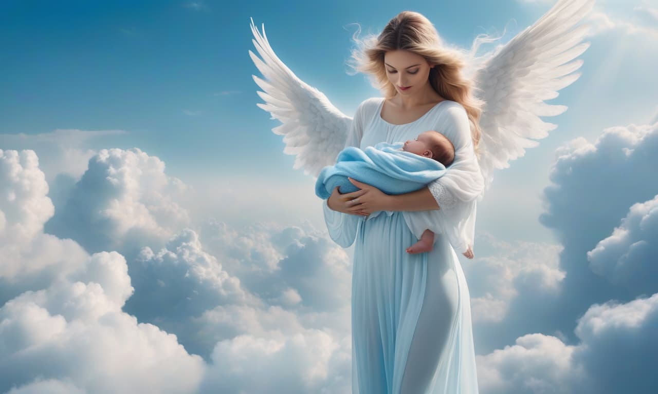  An angel holds a baby in its hand, flying in the sky blue, around a cloud, realistically. hyperrealistic, full body, detailed clothing, highly detailed, cinematic lighting, stunningly beautiful, intricate, sharp focus, f/1. 8, 85mm, (centered image composition), (professionally color graded), ((bright soft diffused light)), volumetric fog, trending on instagram, trending on tumblr, HDR 4K, 8K