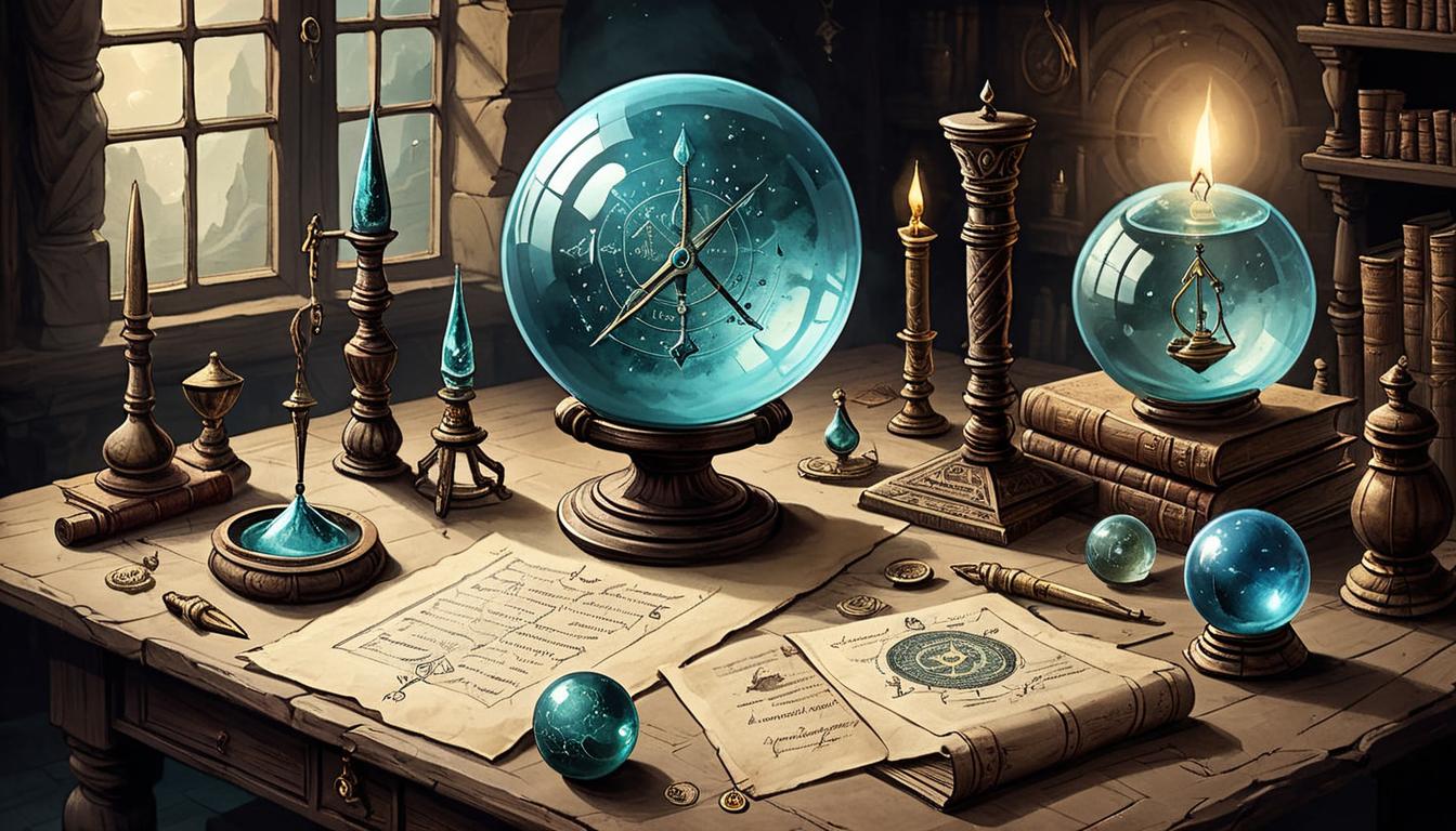  on parchment, surrealism+++, A collection of ancient mystical tools, such as crystal balls, arcane books, and alchemical instruments, on a dimly lit desk, aura of knowledge and mystique(mysterious, provocative, symbolic,muted color)+++