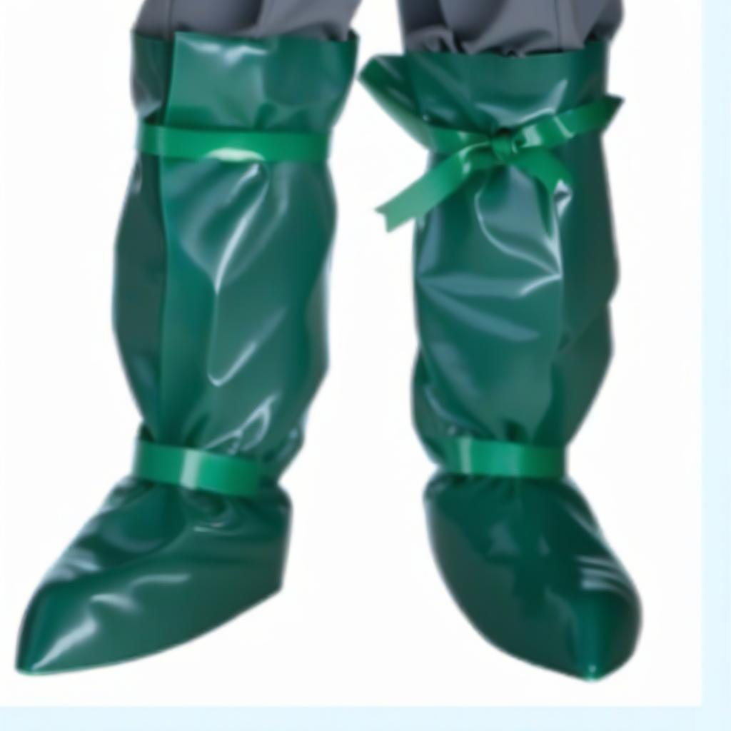  on the legs: high surgical shoe covers, knee high, with ribbon ties, made of glossy latex, the lower part of the shoe cover, covers the foot, from the sole to the ankle, color dark green, the upper part of the shoe cover, fits the calves, from the ankle knee length, dark blue hyperrealistic, full body, detailed clothing, highly detailed, cinematic lighting, stunningly beautiful, intricate, sharp focus, f/1. 8, 85mm, (centered image composition), (professionally color graded), ((bright soft diffused light)), volumetric fog, trending on instagram, trending on tumblr, HDR 4K, 8K