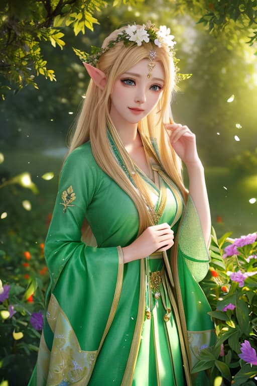  Goddess of nature and wildlife with blonde hair and green eyes. Beautiful with green thorn dress in the sunlight with small elf ears hyperrealistic, full body, detailed clothing, highly detailed, cinematic lighting, stunningly beautiful, intricate, sharp focus, f/1. 8, 85mm, (centered image composition), (professionally color graded), ((bright soft diffused light)), volumetric fog, trending on instagram, trending on tumblr, HDR 4K, 8K