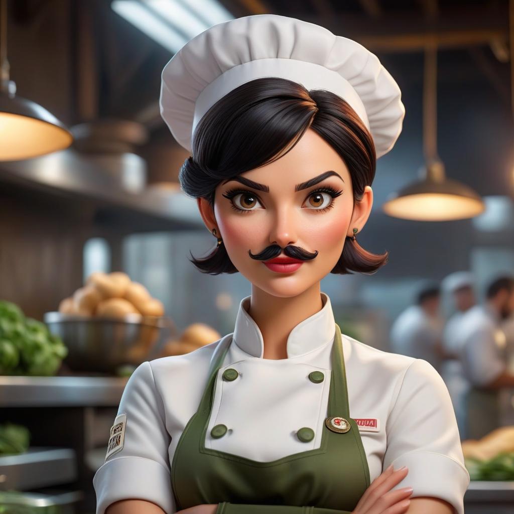  A girl chef, dark hair, pixie cut, with a mustache. hyperrealistic, full body, detailed clothing, highly detailed, cinematic lighting, stunningly beautiful, intricate, sharp focus, f/1. 8, 85mm, (centered image composition), (professionally color graded), ((bright soft diffused light)), volumetric fog, trending on instagram, trending on tumblr, HDR 4K, 8K