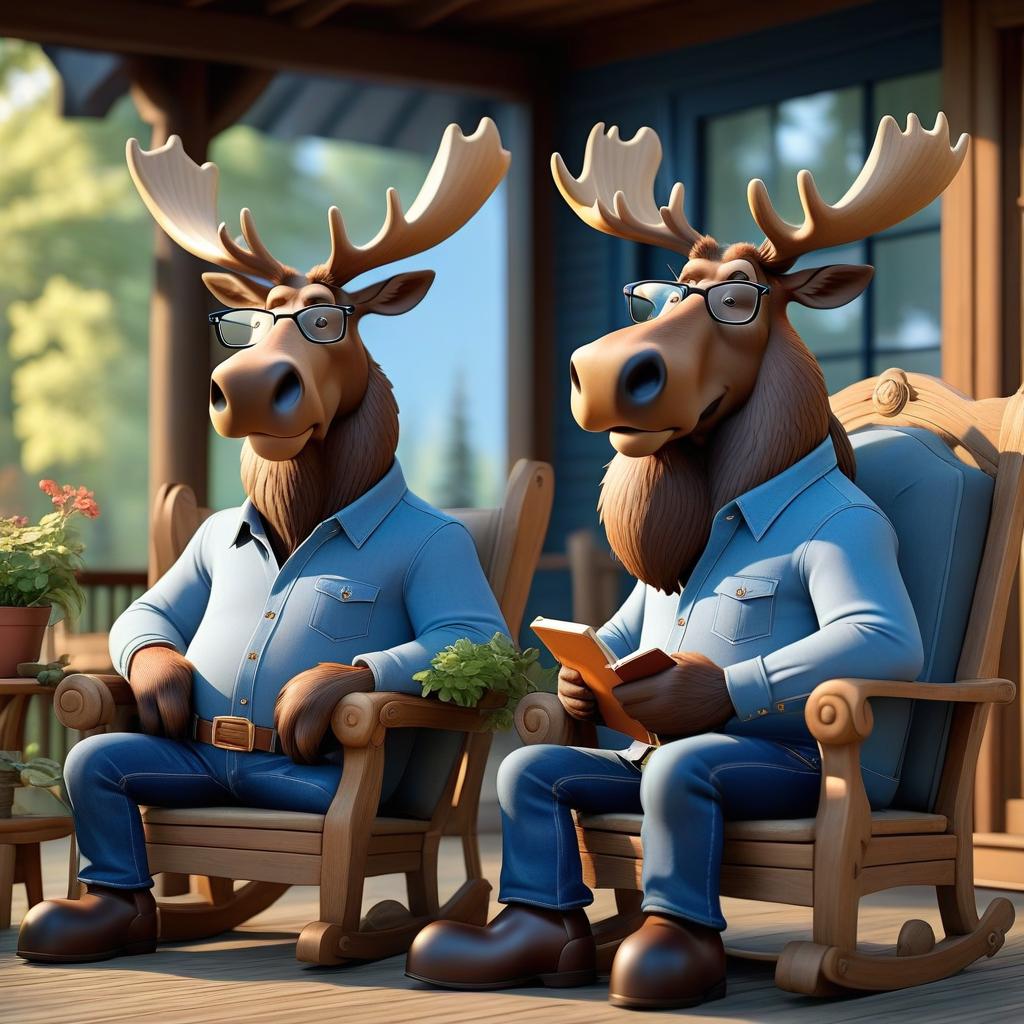  Two cartoon moose are sitting on the veranda in armchairs and discussing travel. The eldest moose with glasses on his nose, the youngest moose in a blue shirt and jeans hyperrealistic, full body, detailed clothing, highly detailed, cinematic lighting, stunningly beautiful, intricate, sharp focus, f/1. 8, 85mm, (centered image composition), (professionally color graded), ((bright soft diffused light)), volumetric fog, trending on instagram, trending on tumblr, HDR 4K, 8K