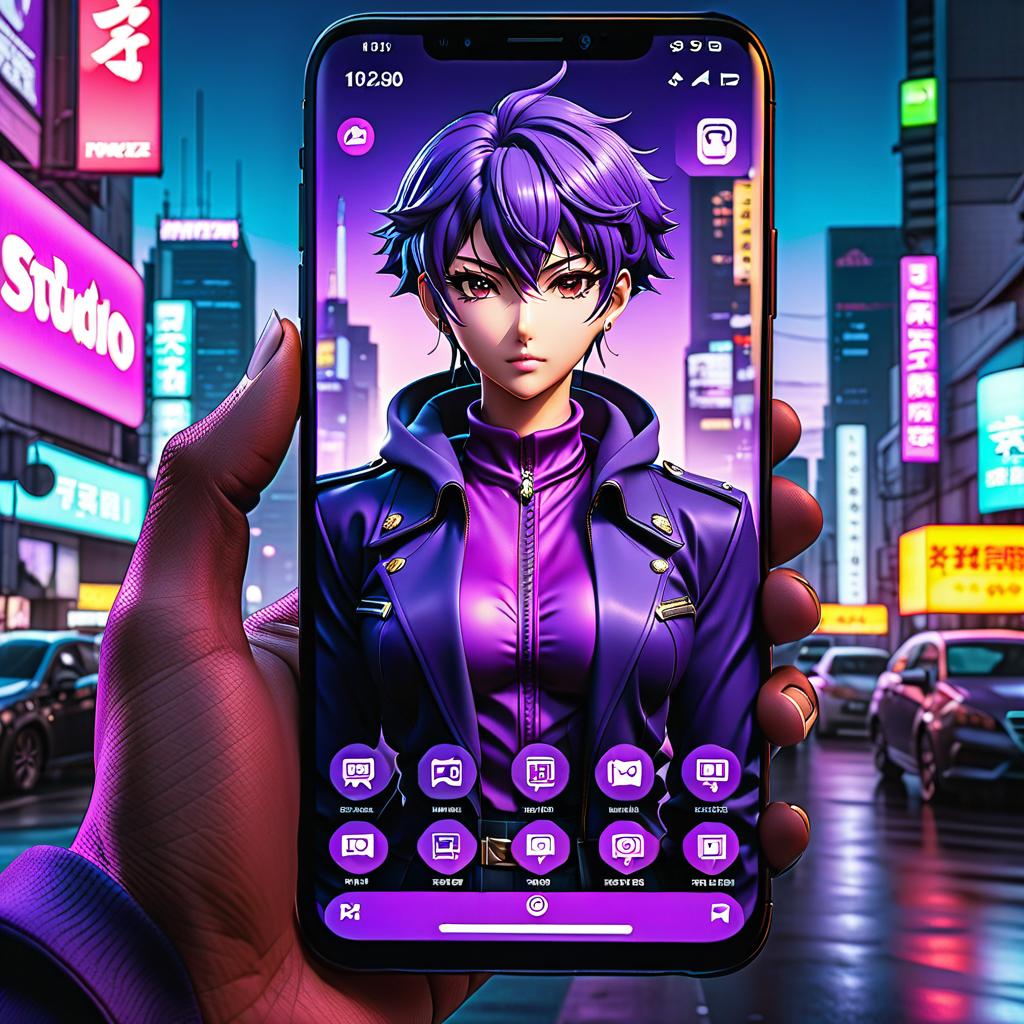  anime artwork The interface of a mobile application in purple tones. . anime style, key visual, vibrant, studio anime, highly detailed hyperrealistic, full body, detailed clothing, highly detailed, cinematic lighting, stunningly beautiful, intricate, sharp focus, f/1. 8, 85mm, (centered image composition), (professionally color graded), ((bright soft diffused light)), volumetric fog, trending on instagram, trending on tumblr, HDR 4K, 8K