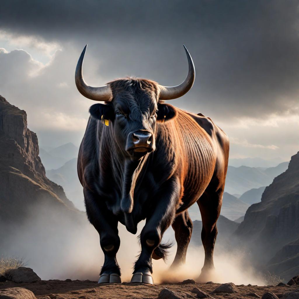  An image of a powerful bull, strong, stubborn, and depicted as a leader. The bull has an imposing presence, with sharp horns and a muscular build. The background is detailed with elements symbolizing leadership and strength, such as a rocky terrain and a stormy sky that enhances the dramatic effect. hyperrealistic, full body, detailed clothing, highly detailed, cinematic lighting, stunningly beautiful, intricate, sharp focus, f/1. 8, 85mm, (centered image composition), (professionally color graded), ((bright soft diffused light)), volumetric fog, trending on instagram, trending on tumblr, HDR 4K, 8K