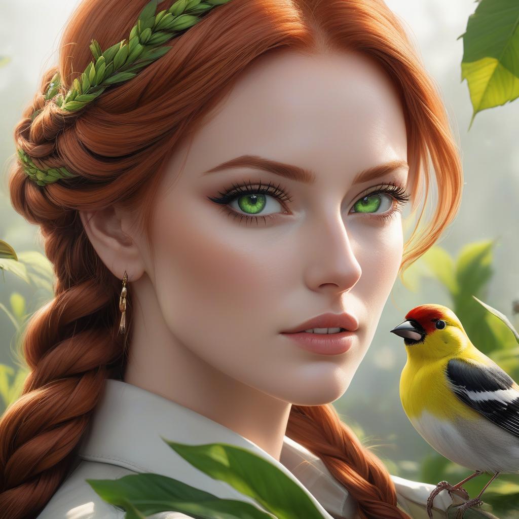  hyperrealistic art Digital artwork of a woman with striking green eyes and auburn braided hair, over a textured background. gorgeous redhead model with green eyes, goldfinch flying, smooth and realistic portrait, smooth and intricate, high definition, realistic, clear and detailed eyes, hi res, photorealistic, Nikon Z9, 85mm F1.2, DOF, smooth and realistic . extremely high resolution details, photographic, realism pushed to extreme, fine texture, incredibly lifelike hyperrealistic, full body, detailed clothing, highly detailed, cinematic lighting, stunningly beautiful, intricate, sharp focus, f/1. 8, 85mm, (centered image composition), (professionally color graded), ((bright soft diffused light)), volumetric fog, trending on instagram, trending on tumblr, HDR 4K, 8K