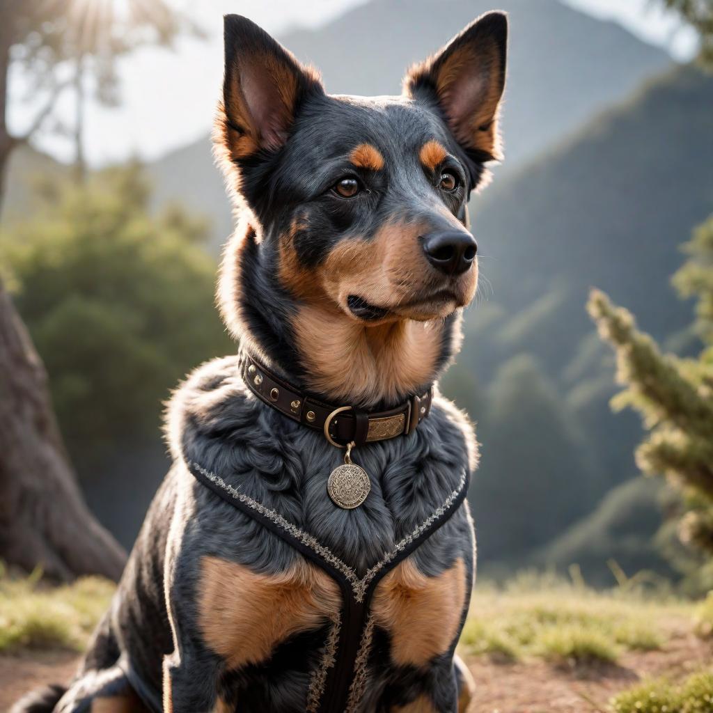  A Poodle mixed with Queensland Heeler (Australian Cattle Dog), combining characteristics of both breeds. The dog should have a black and brown coat and the distinctive Poodle face hair, including curly fur around the face. Depict the dog in a friendly and playful pose, in an outdoor setting, capturing the unique blend of the two breeds. hyperrealistic, full body, detailed clothing, highly detailed, cinematic lighting, stunningly beautiful, intricate, sharp focus, f/1. 8, 85mm, (centered image composition), (professionally color graded), ((bright soft diffused light)), volumetric fog, trending on instagram, trending on tumblr, HDR 4K, 8K