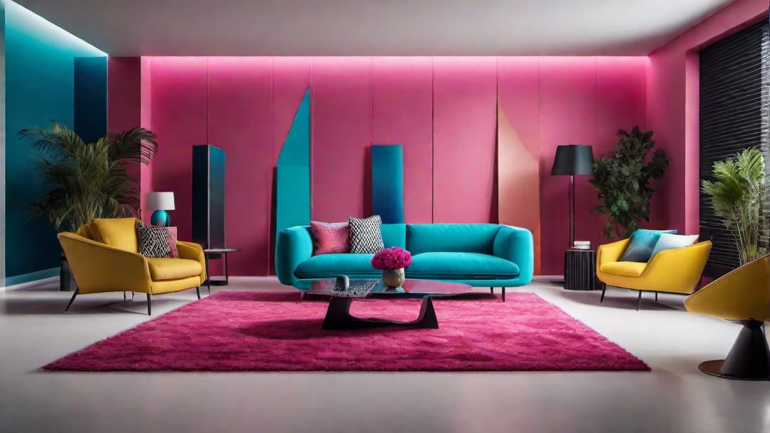  Generate an image of a living room inspired by 80s retro home interior designs. The room should be filled with vibrant neon colors like hot pink, electric blue, and neon green, creating an energetic ambiance. Incorporate geometric wallpaper in flashy hues and funky furniture with glossy finishes. Include a statement shag rug in a bold pattern to complete the retro look. hyperrealistic, full body, detailed clothing, highly detailed, cinematic lighting, stunningly beautiful, intricate, sharp focus, f/1. 8, 85mm, (centered image composition), (professionally color graded), ((bright soft diffused light)), volumetric fog, trending on instagram, trending on tumblr, HDR 4K, 8K